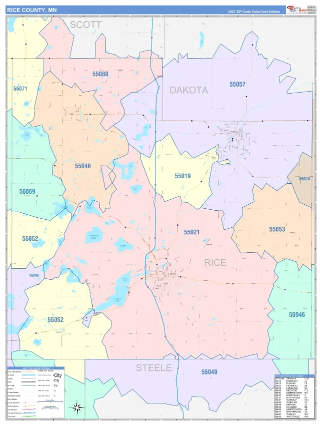 Rice County, MN ZIP Code Wall Map, ColorCast style