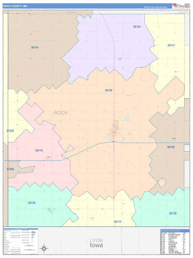 Rock County, MN ZIP Code Wall Map, ColorCast style
