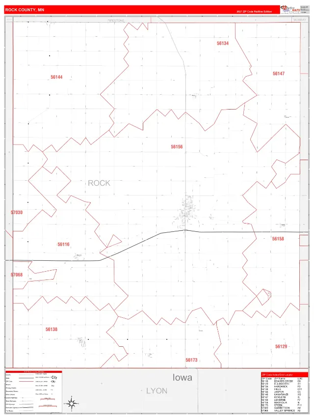 Rock County, MN ZIP Code Wall Map, RedLine style