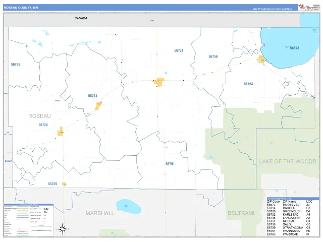 Roseau County, MN ZIP Code Wall Map, Business Reference style