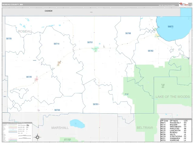 Roseau County, MN ZIP Code Wall Map, Classic style