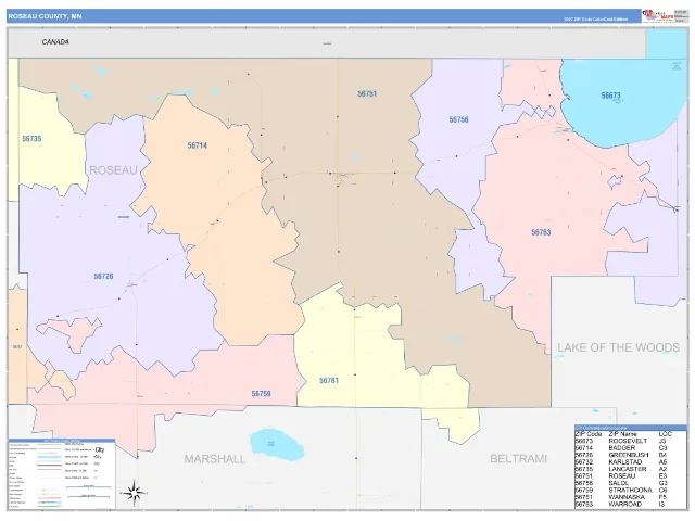 Roseau County, MN ZIP Code Wall Map, ColorCast style