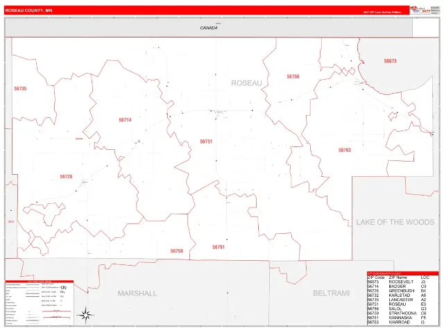 Roseau County, MN ZIP Code Wall Map, RedLine style