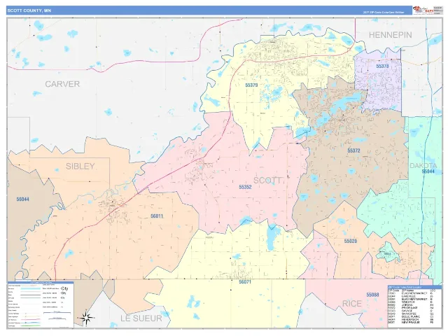 Scott County, MN ZIP Code Wall Map, ColorCast style