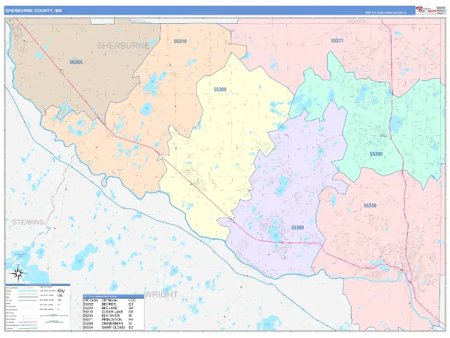 Sherburne County, MN ZIP Code Wall Map, ColorCast style
