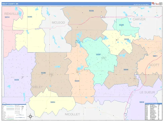 Sibley County, MN ZIP Code Wall Map, ColorCast style