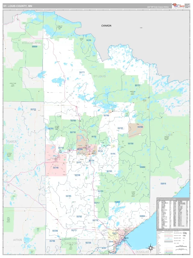 St. Louis County, MN ZIP Code Wall Map, Classic style