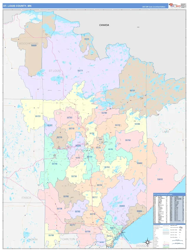 St. Louis County, MN ZIP Code Wall Map, ColorCast style