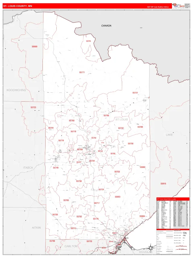 St. Louis County, MN ZIP Code Wall Map, RedLine style