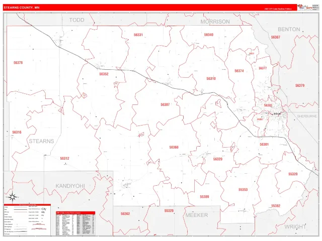 Stearns County, MN ZIP Code Wall Map, RedLine style