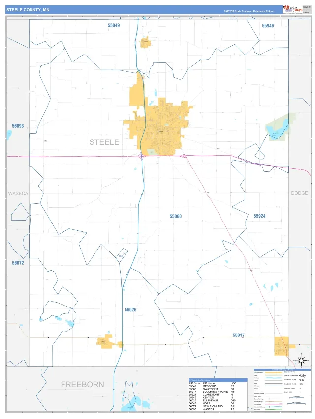 Steele County, MN ZIP Code Wall Map, Business Reference style