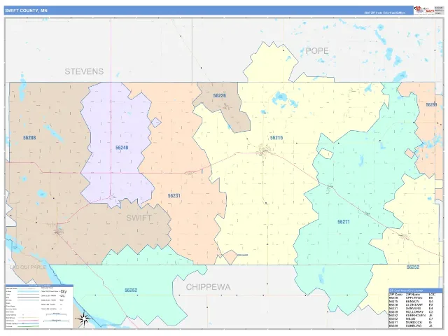 Swift County, MN ZIP Code Wall Map, ColorCast style