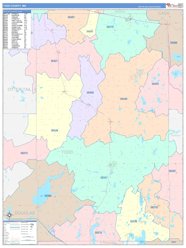Todd County, MN ZIP Code Wall Map, ColorCast style