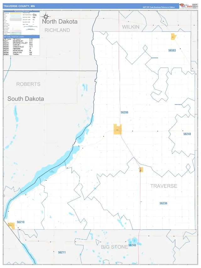 Traverse County, MN ZIP Code Wall Map, Business Reference style