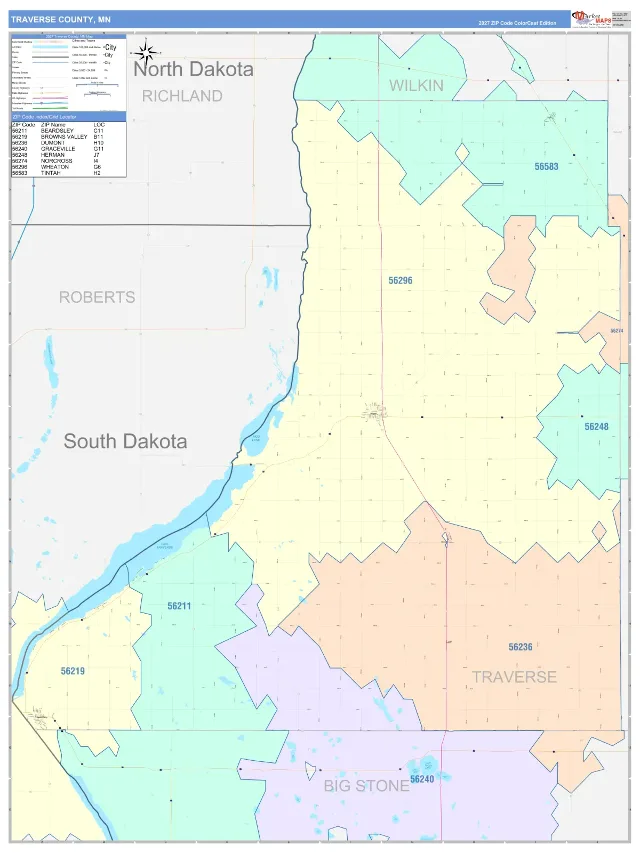 Traverse County, MN ZIP Code Wall Map, ColorCast style