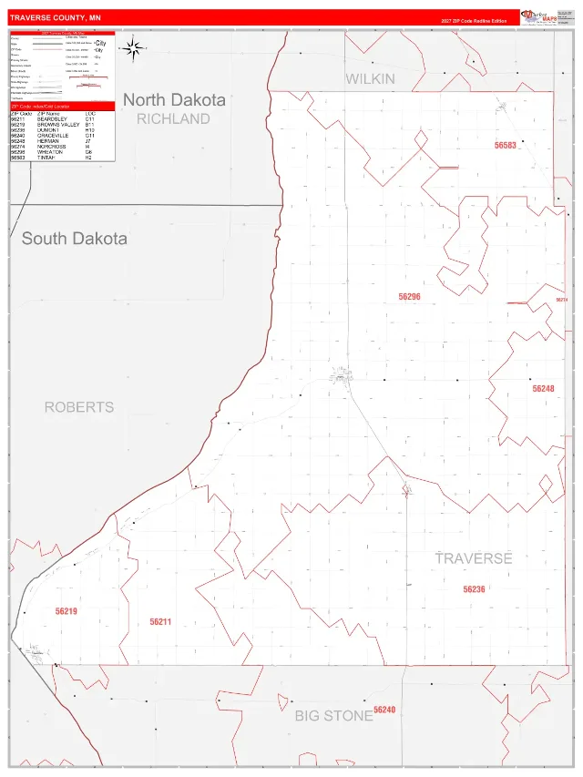 Traverse County, MN ZIP Code Wall Map, RedLine style