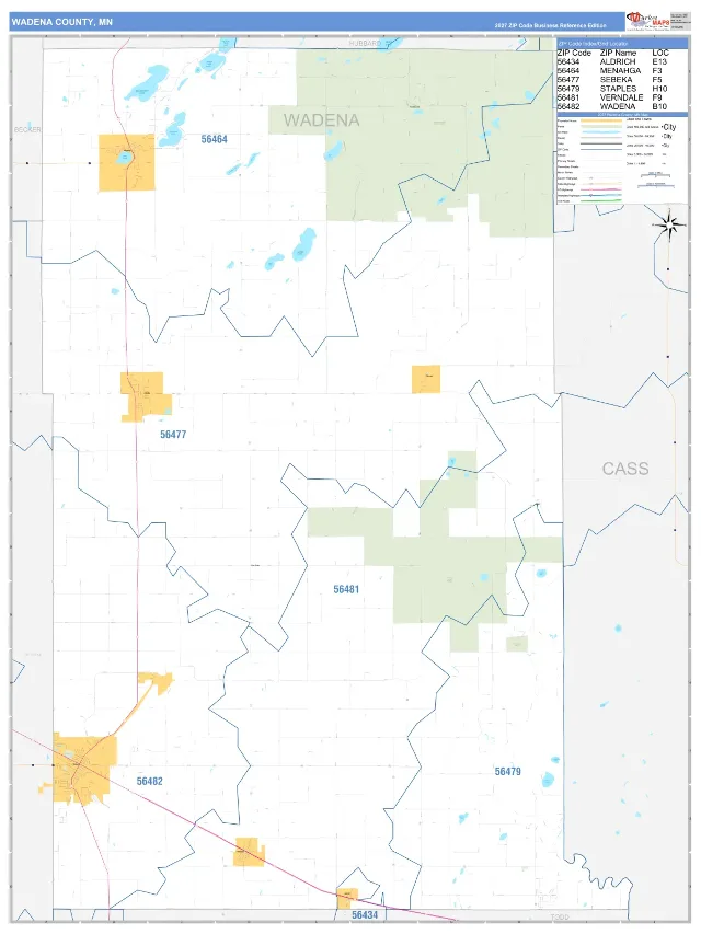 Wadena County, MN ZIP Code Wall Map, Business Reference style