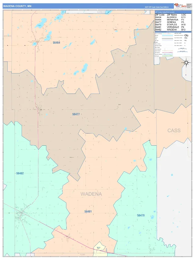 Wadena County, MN ZIP Code Wall Map, ColorCast style