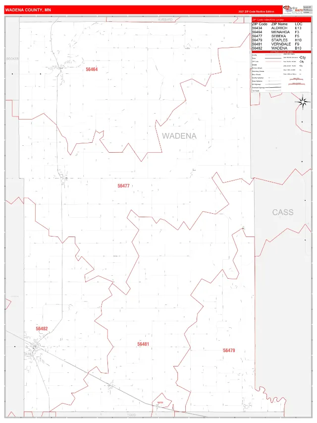 Wadena County, MN ZIP Code Wall Map, RedLine style
