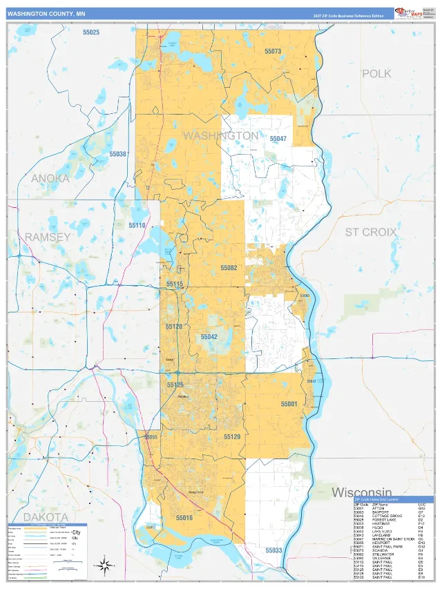 Washington County, MN ZIP Code Wall Map, Business Reference style