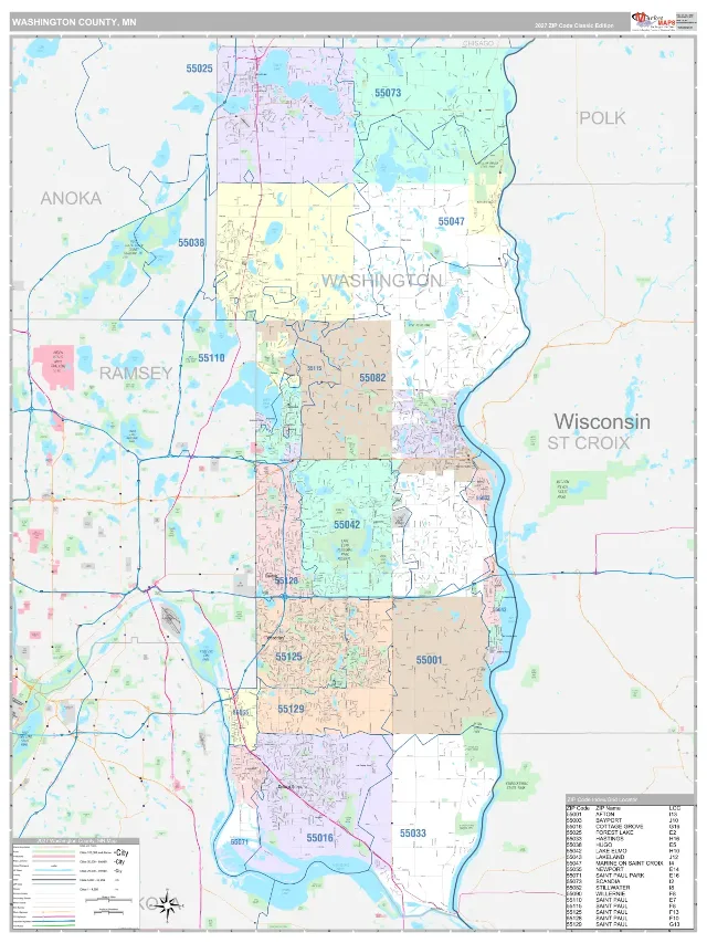 Washington County, MN ZIP Code Wall Map, Classic style