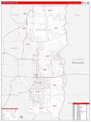Washington County, MN RedLine style ZIP Code wall map