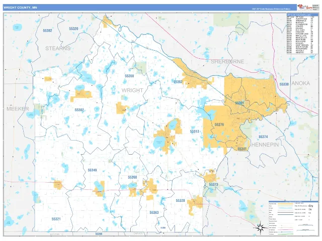 Wright County, MN ZIP Code Wall Map, Business Reference style