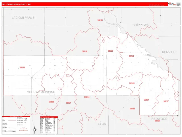 Yellow Medicine County, MN ZIP Code Wall Map, RedLine style