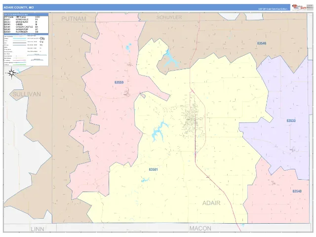 Adair County, MO ZIP Code Wall Map, ColorCast style