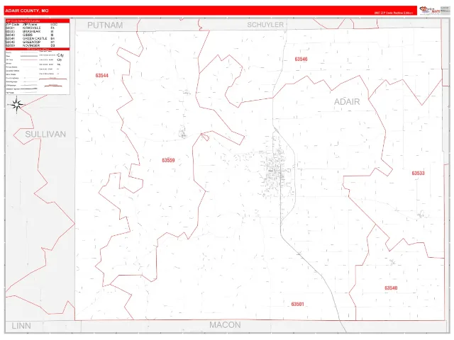 Adair County, MO ZIP Code Wall Map, RedLine style