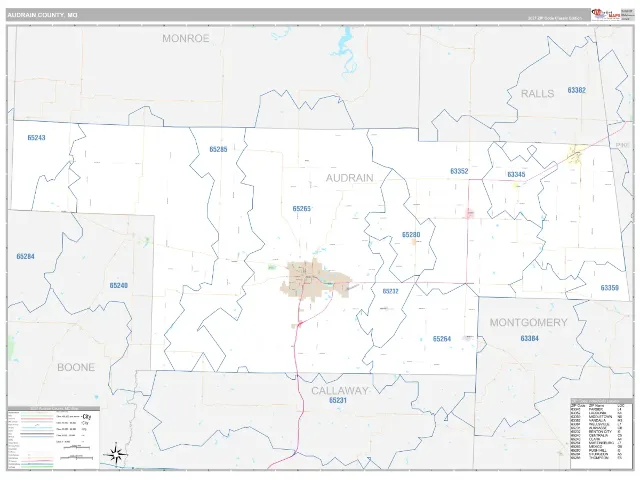Audrain County, MO ZIP Code Wall Map, Classic style