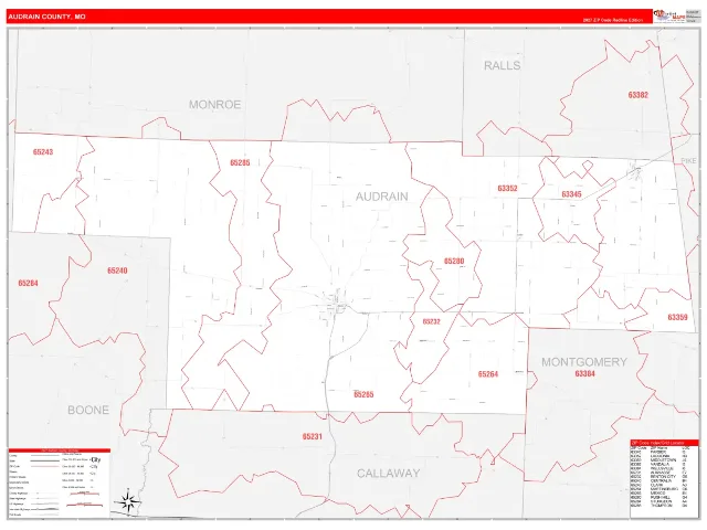 Audrain County, MO ZIP Code Wall Map, RedLine style
