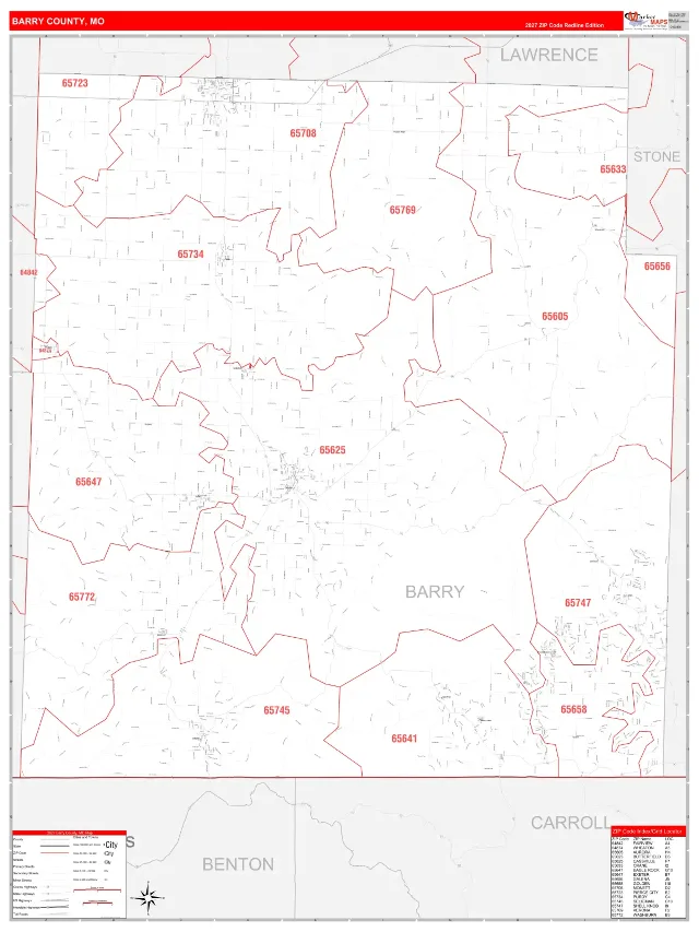 Barry County, MO ZIP Code Wall Map, RedLine style