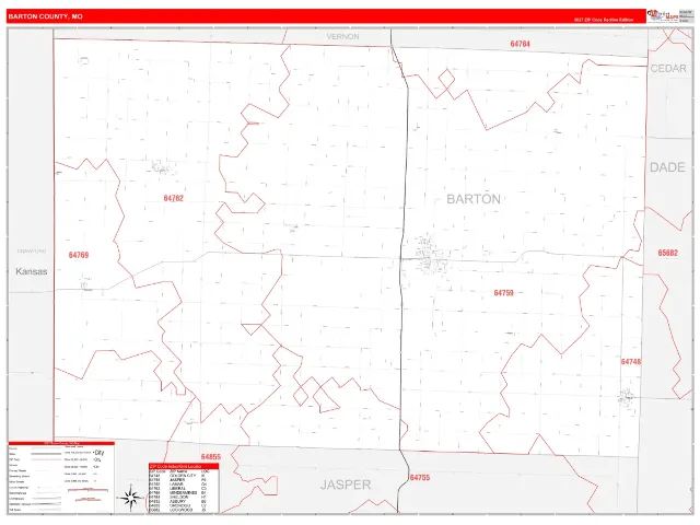 Barton County, MO ZIP Code Wall Map, RedLine style
