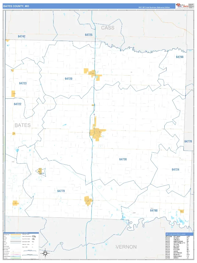 Bates County, MO ZIP Code Wall Map, Business Reference style