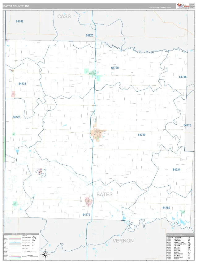 Bates County, MO ZIP Code Wall Map, Classic style
