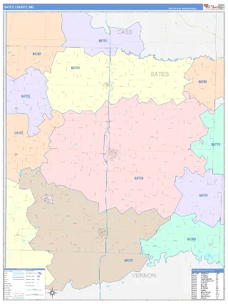 Bates County, MO ColorCast style ZIP Code wall map