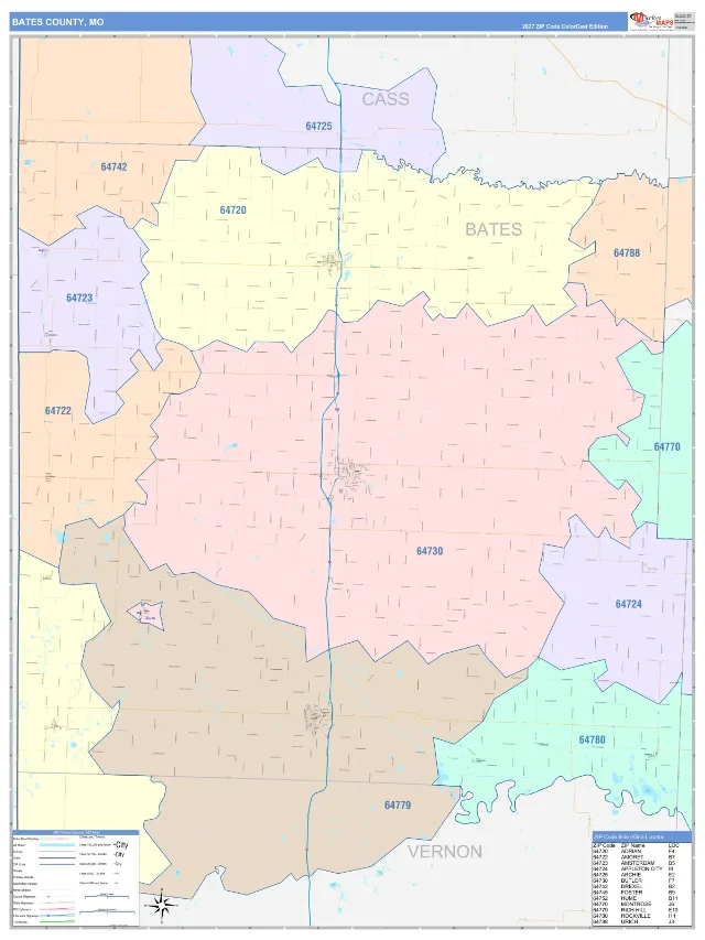 Bates County, MO ZIP Code Wall Map, ColorCast style