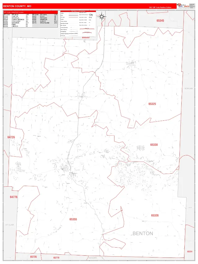 Benton County, MO ZIP Code Wall Map, RedLine style