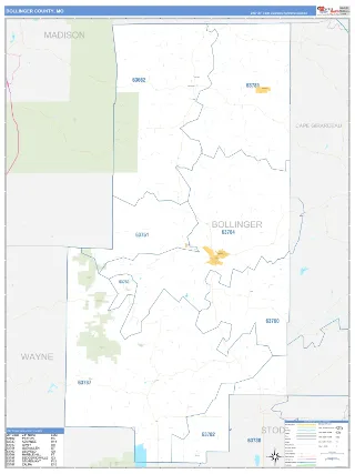 Bollinger County, MO Business Reference style ZIP Code wall map