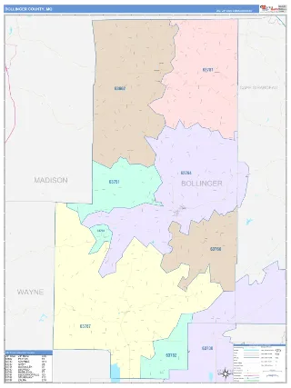 Bollinger County, MO ColorCast style ZIP Code wall map