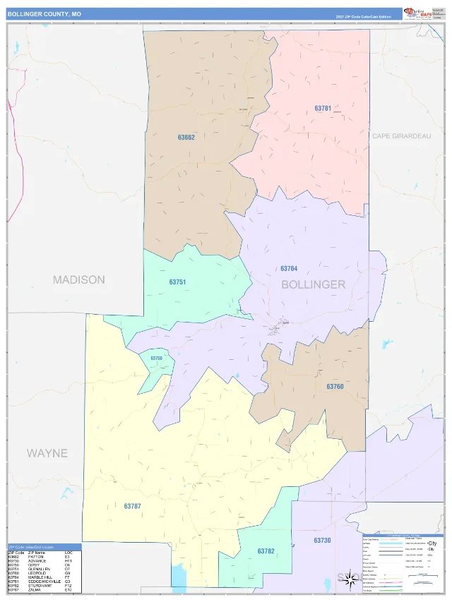 Bollinger County, MO ZIP Code Wall Map, ColorCast style
