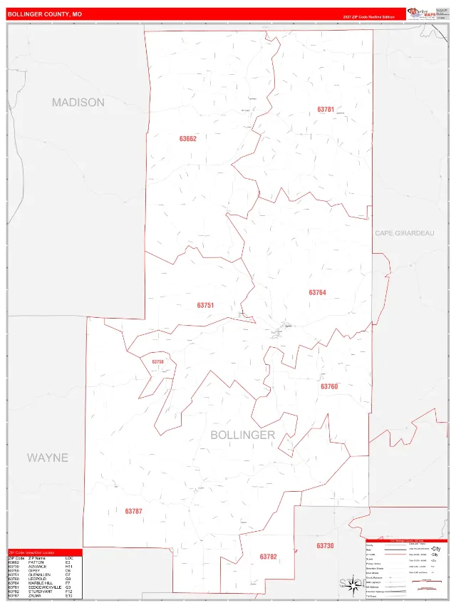 Bollinger County, MO ZIP Code Wall Map, RedLine style