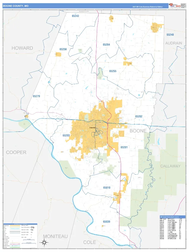 Boone County, MO ZIP Code Wall Map, Business Reference style