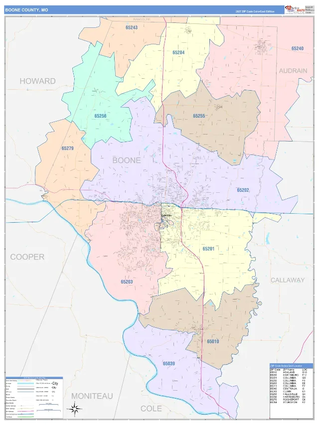 Boone County, MO ZIP Code Wall Map, ColorCast style