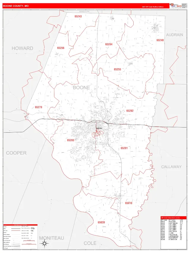 Boone County, MO ZIP Code Wall Map, RedLine style