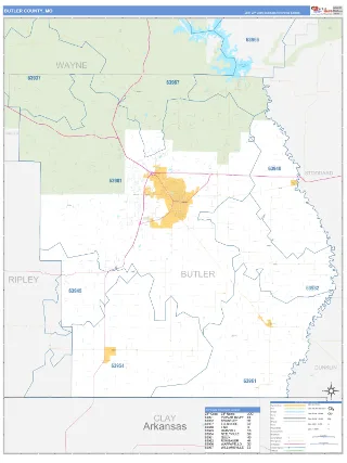 Butler County, MO Business Reference style ZIP Code wall map