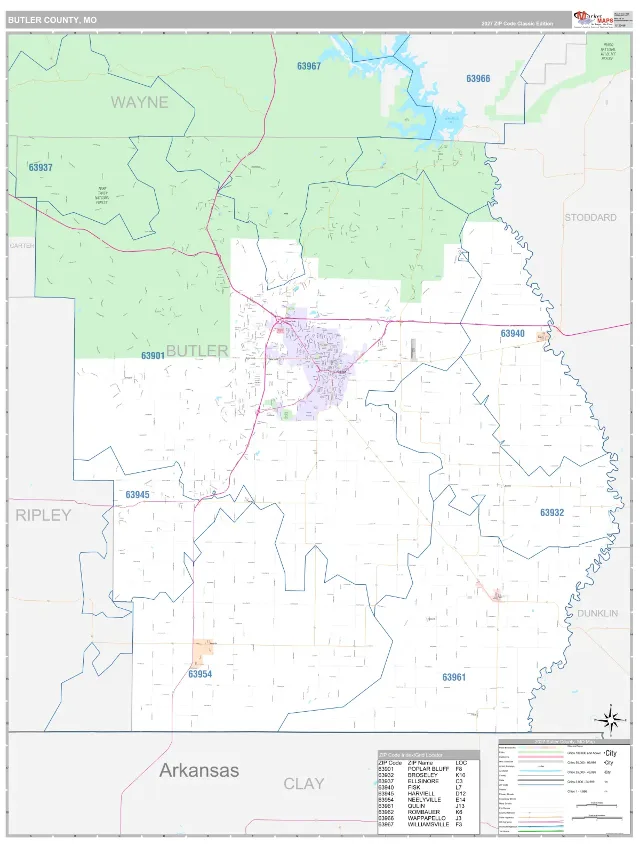 Butler County, MO ZIP Code Wall Map, Classic style