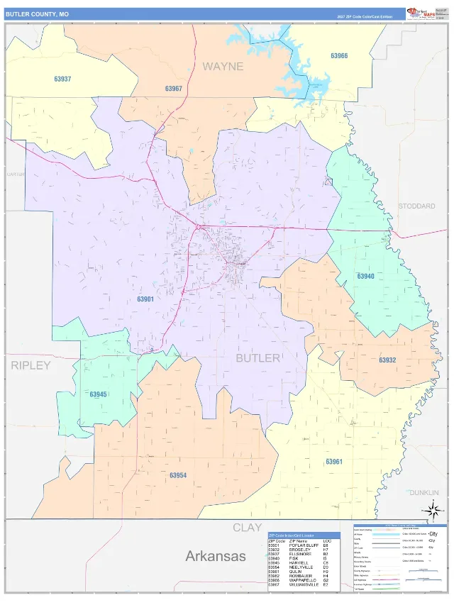Butler County, MO ZIP Code Wall Map, ColorCast style
