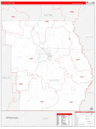 Butler County, MO RedLine style ZIP Code wall map